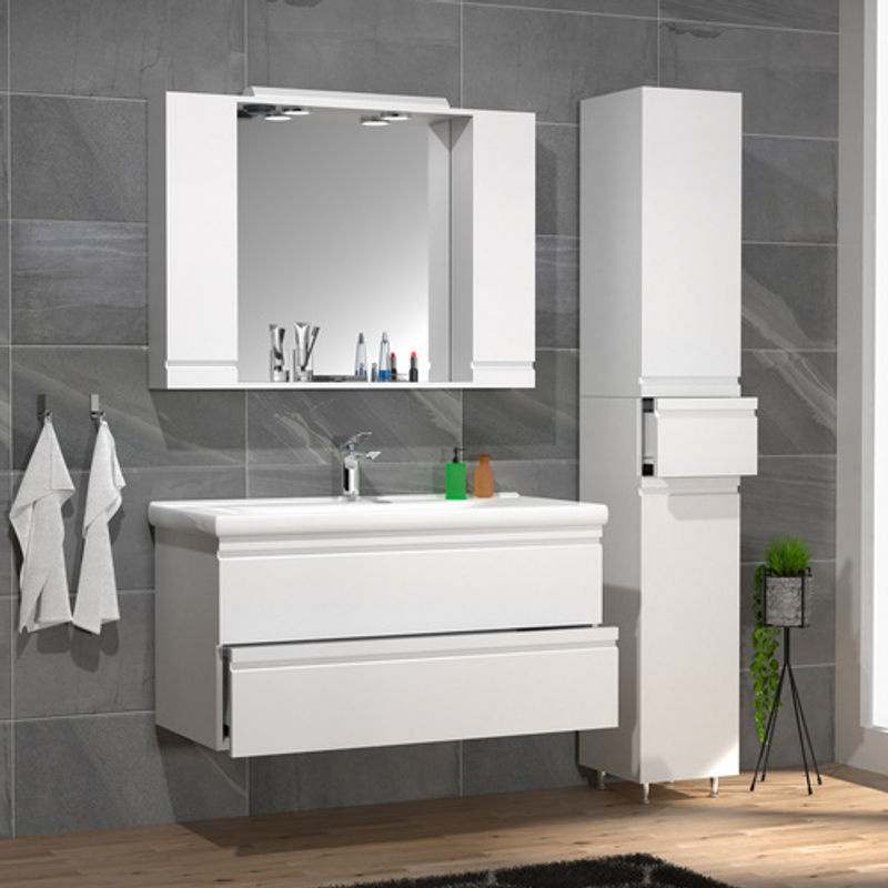VCM Badmöbel Set Silora XL in Weiß mit Keramik-Waschtisch 100 cm, Spiegelschrank und Hochschrank - Bild 3