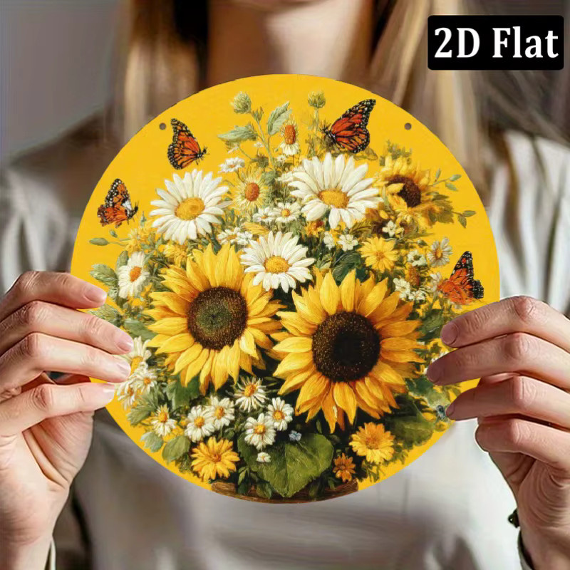 CIFBUY Retro Metall-Wandkunst mit Sonnenblumen und Schmetterlingen, Rundes Rustikales Schild, Durchmesser: 20,32 cm - Bild 3