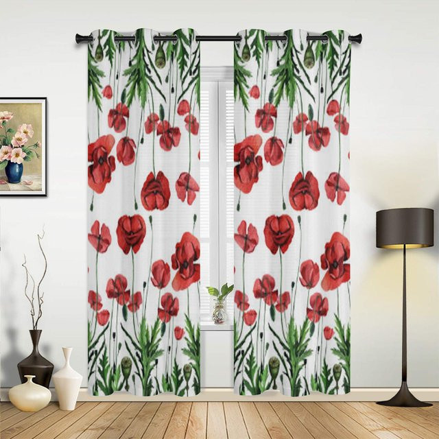 Binchi Outdoor Equipment Fenstergardine mit Aquarellmuster und roten Mohnblumen, Farbe Rot-Weiß, Breite: 135 cm, Höhe: 92 cm - Bild 1