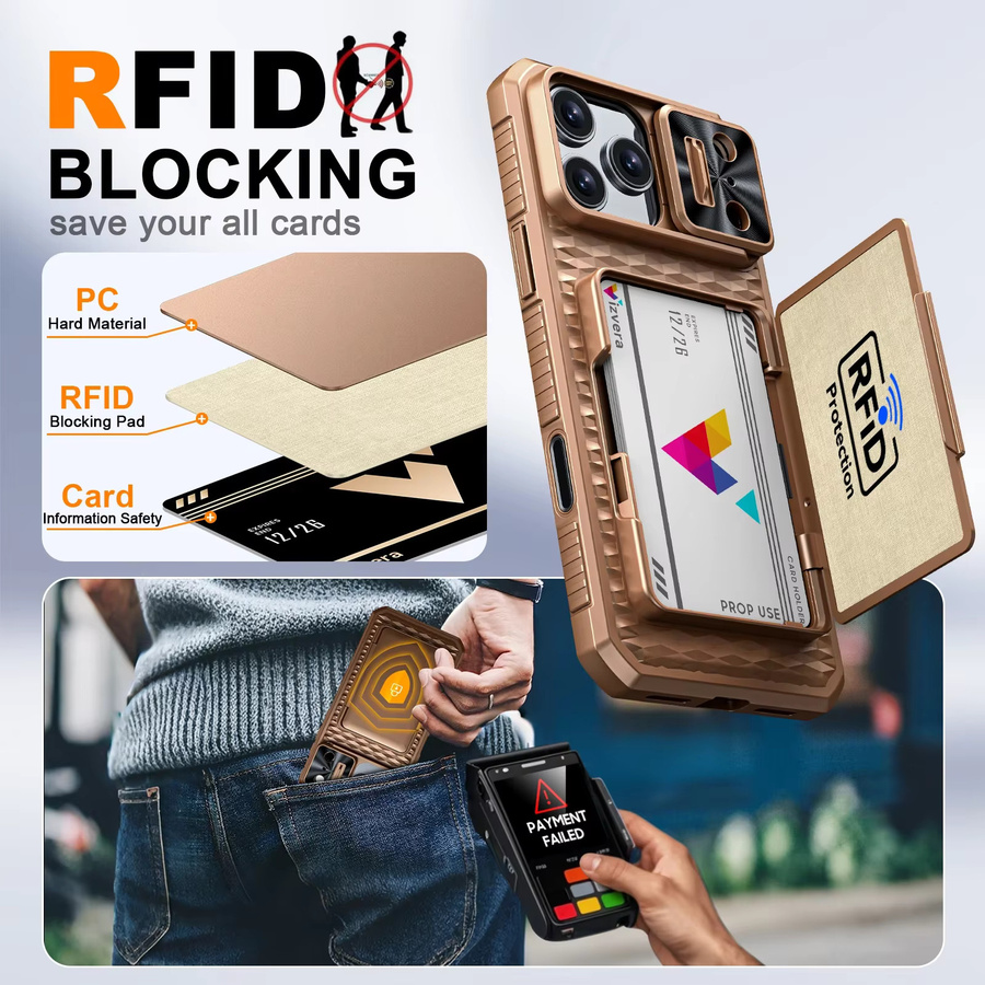 BANGZAO Wallet Case für 17 Pro Max mit Kartenhalter und verschiebbarer Kameraabdeckung aus PC und TPU in Orange und Braun - Bild 3