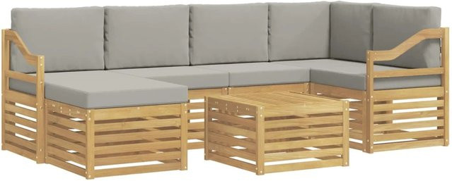 vidaXL Outdoor-Sofagarnitur aus Akazienholz in L-Form mit 7 Teilen, Weiß und Grau, inklusive Polster und Ottoman - Bild 1