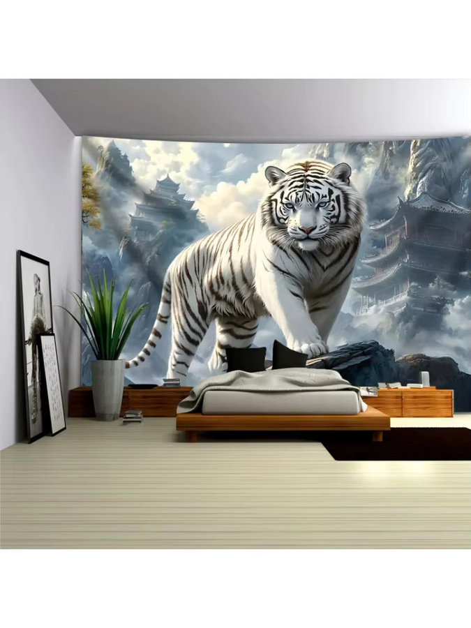 VIKAMA Wandteppich mit weißem Tiger und Bergtempel in Naturlandschaft, orientalischer Wandbehang in Multicolour, B/H: 60 x 40 cm - Bild 5
