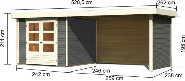Gartenhaus Holz ASKOLA 35 Flachdachhaus in Terragrau mit Anbaudach, B/T/H: 238 x 242 x 19 cm - Bild 1