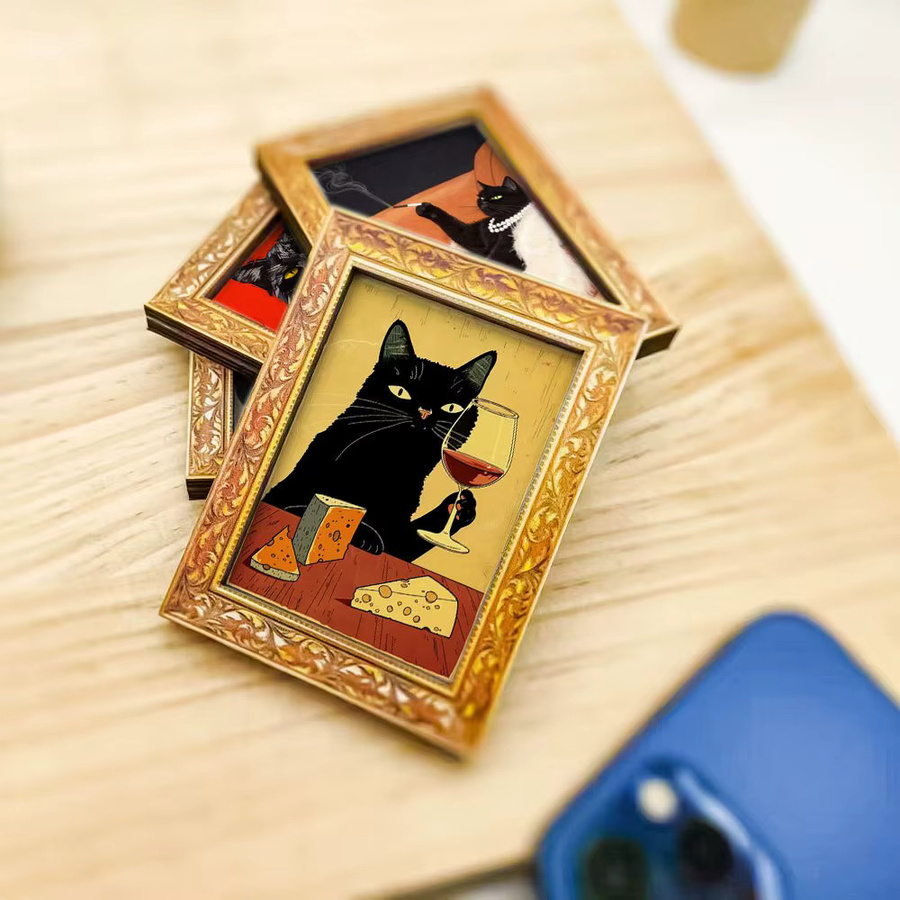 Eleganter schwarzer Katzen-Kühlschrankmagnet aus Holz mit Weinproben-Design als kreative Wanddekoration - Bild 3