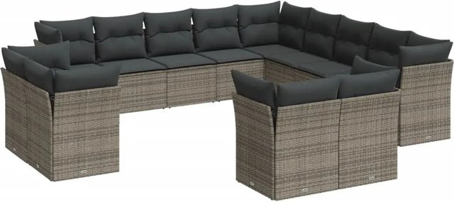 vidaXL 13-tlg. Garten-Sofagarnitur in U-Form aus Polyrattan mit Kissen und Stauraum, Grau - Bild 1