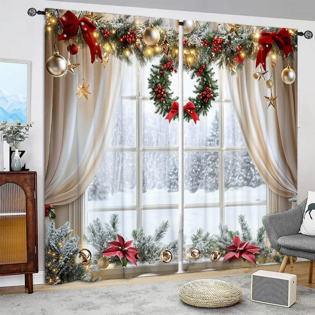 2er-Set Weihnachtsvorhänge von Household supplies MH mit Aufdruck, halbtransparent, mehrfarbig, B: 52,5 cm, H: 116 cm - Bild 1