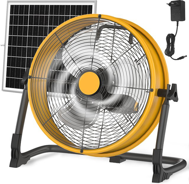T-SUNRISE Tragbarer 12-Zoll-Tischventilator in Gelb mit Solarpanel und AC-Ladegerät für Camping und Haushalt, Durchmesser: 30,48 cm - Bild 1