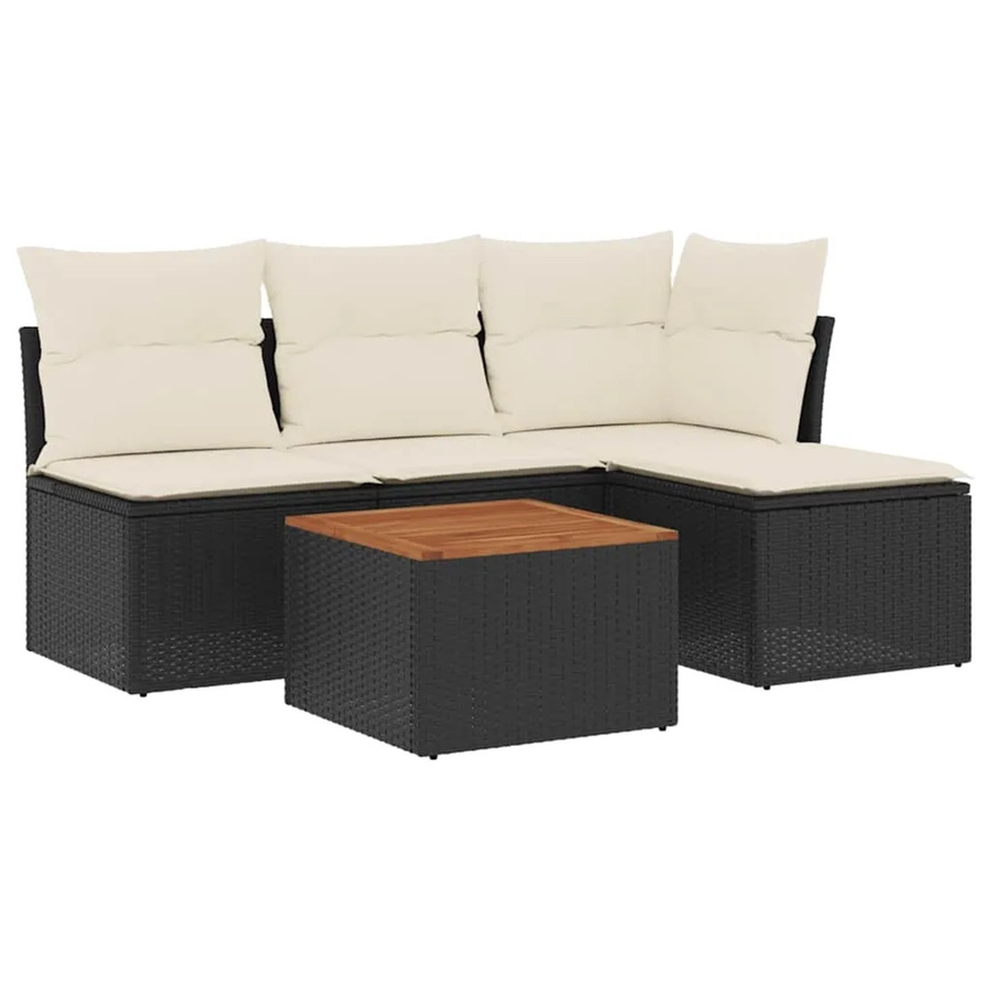 vidaXL 5-teilige Garten-Sofagarnitur aus Poly-Rattan und Akazienholz in Schwarz-Creme mit Kissen - Bild 2