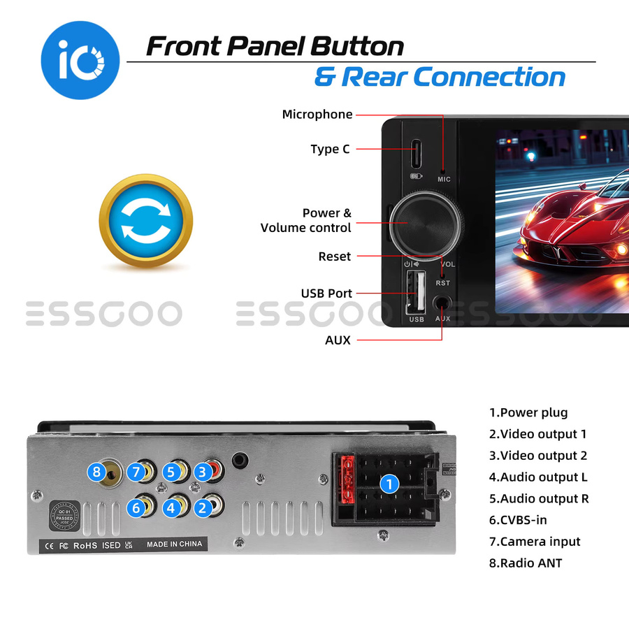 MOPECT Universal 1 DIN Autoradio mit 6,36 Zoll Touchscreen, CarPlay, Android Auto, Bluetooth, USB/Type-C und Freisprechfunktion in Schwarz - Bild 5