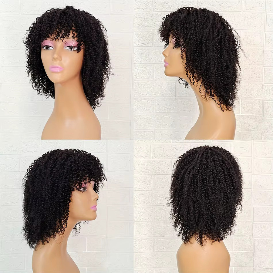 Linhua Afro Kinky Curly Echthaarperücke, kurzer lockiger Bob mit Pony, Damen - Bild 3