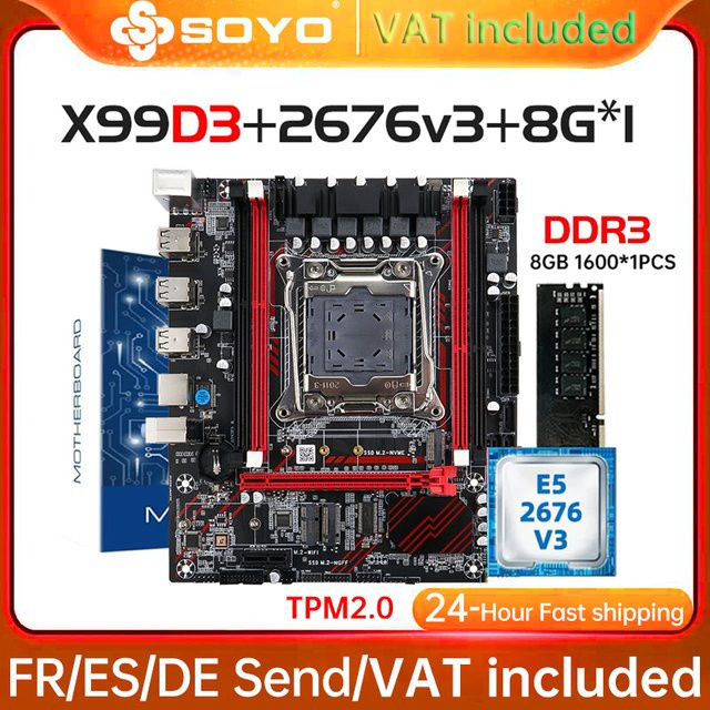 SOYO X99 D3-Map Motherboard-Set mit Intel E5 2676 V3 Prozessor, 8 GB DDR3 RAM und M.2 NVMe in Schwarz - Bild 1