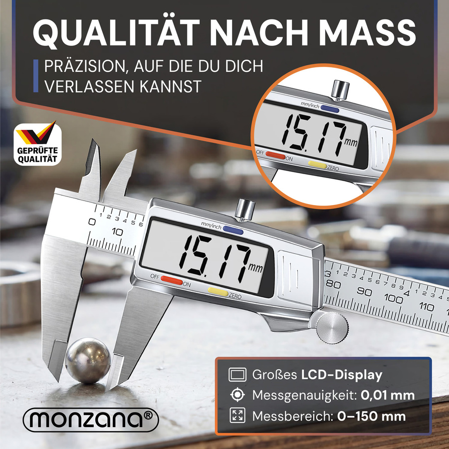 Digitaler Messschieber Monzana aus Edelstahl in Silber mit Hardcase, Messbereich 0-150mm - Bild 2