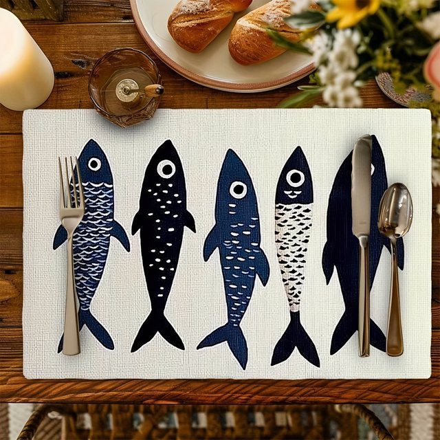 VIKAMA Tischset Set Nordic Coastal Fish Pattern in Blau, maschinenwaschbar - Bild 1