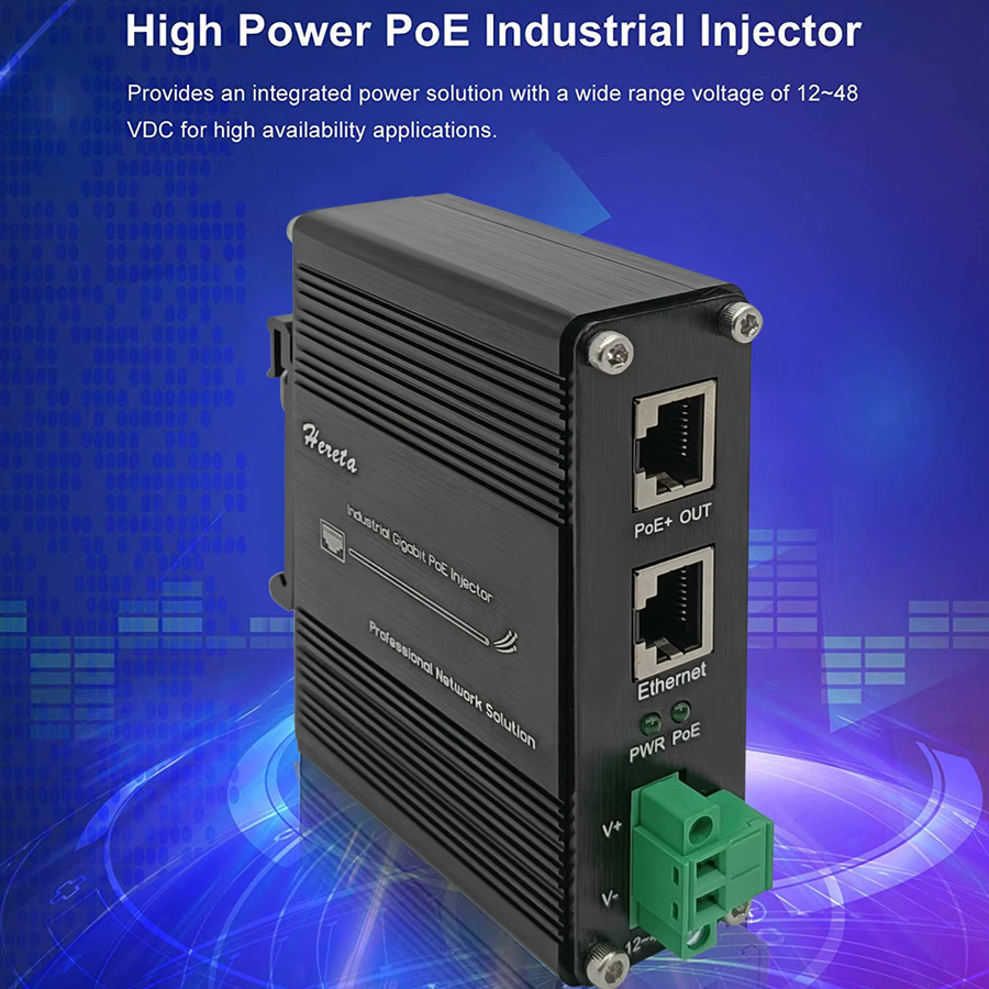 Hereta Industrieller Gigabit PoE-Injektor für DIN-Schienen- und Wandmontage, Schwarz, 2,5/5/10 Gbps, 30W/60W, IEEE802.3 af/at, 10/100/1000Mbps Ethernet/LAN - Bild 6