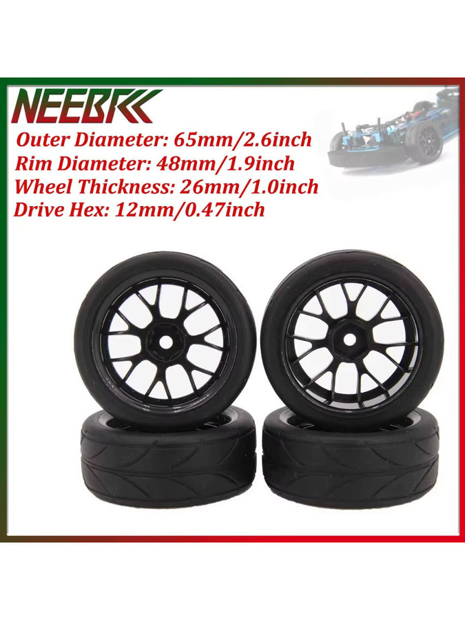 NeebRC RC-Reifen, 4-teiliges Set, 1,9 Zoll, 65mm, 12mm Sechskant-Nabe, Gummi, Schwarz, 1:10 - Bild 6