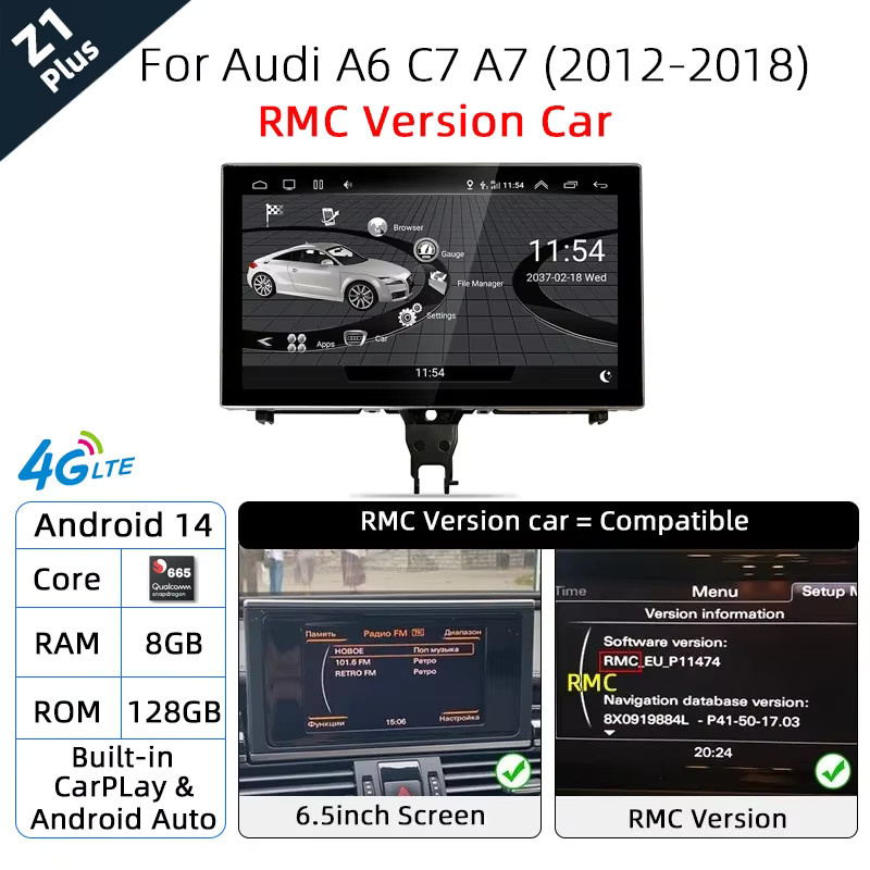 NUNOO Android 14 Multimedia-Player für Audi A6 C7 und A7 (2012-2018) mit Wireless CarPlay, Android Auto, Qualcomm Prozessor, GPS, Wi-Fi und Bluetooth in Schwarz - Bild 6