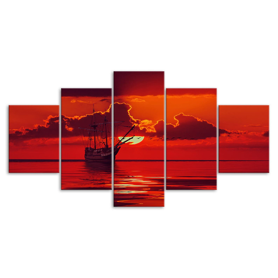 5-teiliges Leinwandbild von Niveous Art Museum mit Boot und Sonnenuntergang in rotem Himmel als moderne Landschaftskunst für dein Heimdekor - Bild 3
