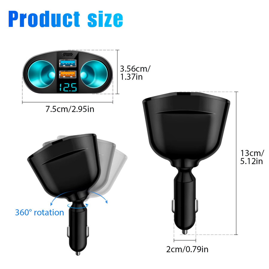 Outlet 12V Dual PD USB Auto Ladegerät mit 120W Leistung, Zigarettenanzünder Splitter und USB-C Anschluss, Schwarz - Bild 2