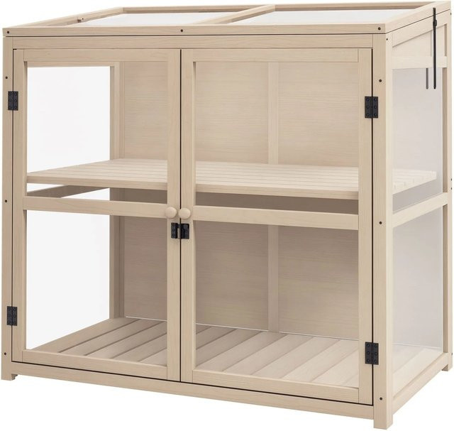 Outsunny 2-stufiges Frühbeet aus Holz mit Dachfenster und Doppeltür in Natur und Beige, H x B x T: 103 x 103 x 61 cm - Bild 1
