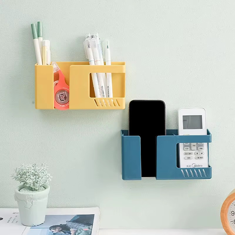 Multifunktionale 2-in-1 Wandaufbewahrungsbox für Mobiltelefone und Fernbedienungen, stanzfreies Aufbewahrungsregal aus Kunststoff, Farbe: Blau, B/H/T: 17,0 x 9,0 x 1,0 cm - Bild 2