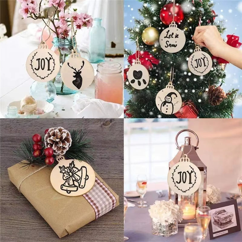 100 Stück Runde Weihnachts-Hängeornamente aus Holz mit Frohe Weihnachten Schriftzug in Braun und Beige für DIY Dekorationen - Bild 1