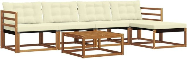 vidaXL Outdoor-Sofagarnitur 6-teilig aus Akazienholz und Textilene in Natur und Creme mit UV-beständigen Kissen - Bild 1