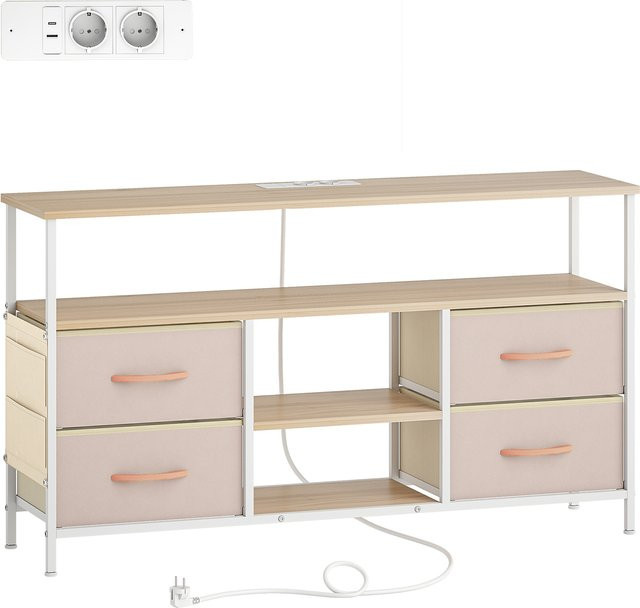 HOMCOM TV-Möbel mit LED-Licht in Beige und Natur für Fernseher bis zu 50 Zoll mit Steckdosen, USB-Ports, offenen Regalen und 4 Stoffschubladen - Bild 1