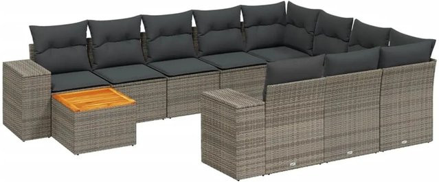 vidaXL 11-teilige Garten-Sofagarnitur in L-Form aus Polyrattan und Akazienholz mit grauen Kissen - Bild 1
