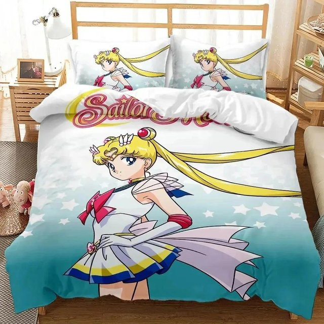 Sailor Moon Bettwäsche-Set aus Mikrofaser in Blau, bestehend aus Bettbezug und Kissenbezügen, B/T/H: 200 x 200 cm - Bild 1