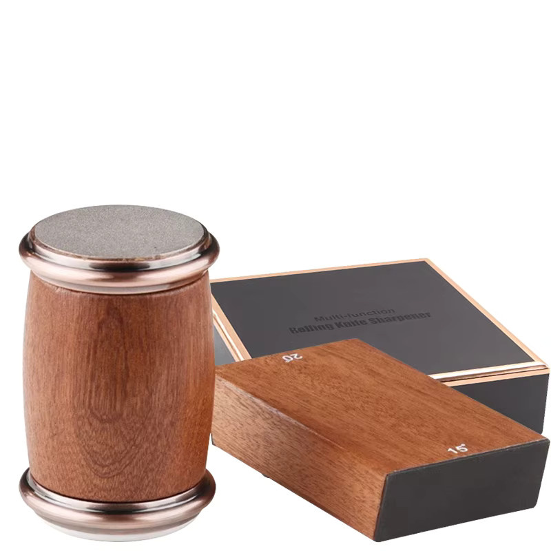 WXCOO Rollender Messerschärfer mit einstellbarem Wolframstahl-Magnetschleifstein in Braun mit Holzoptik und Metallgehäuse - Bild 7