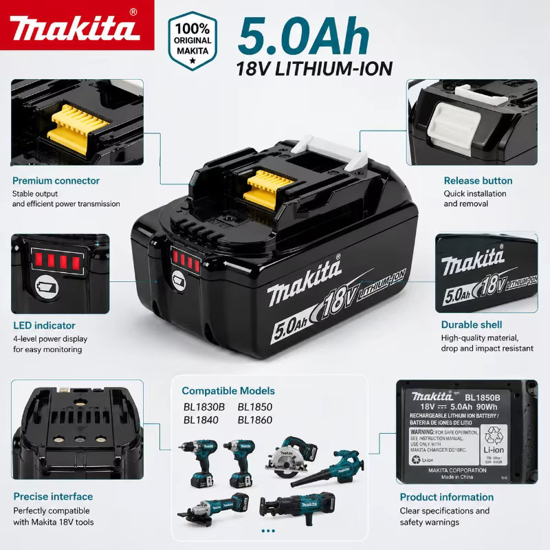 Makita 18V 5.0Ah Lithium-Ionen Akku BL1850B in Schwarz für Akku-Bohrschrauber, Winkelschleifer und Kreissägen - Bild 7
