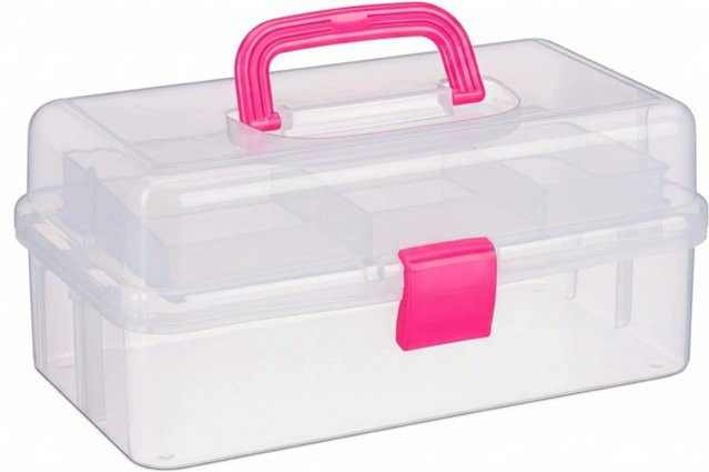 Relaxdays Aufbewahrungsbox aus Kunststoff in Pink und Transparent mit 9 Fächern, B/T/H: 14 x 33 x 19,5 cm - Bild 1
