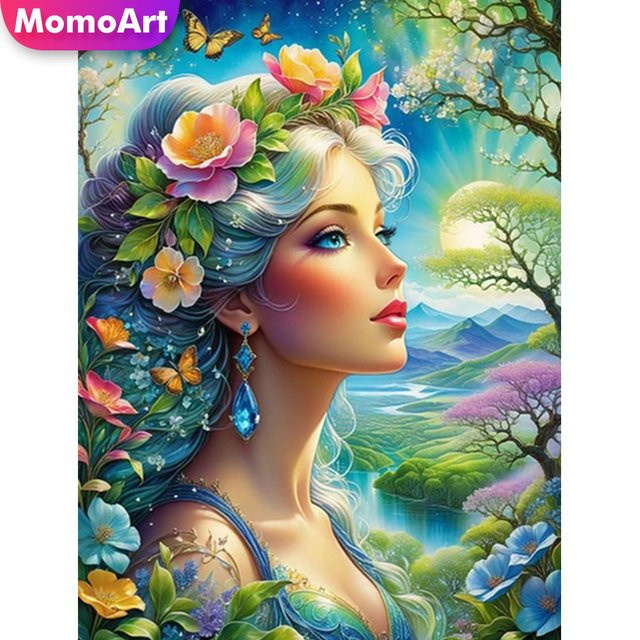 MomoArt Diamantmalerei Porträt einer Frau mit Blumenmotiven, runde Mosaik-Stickerei in Multicolour zur Wanddekoration - Bild 1