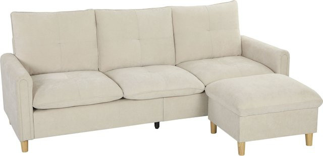 HOMCOM 3-Sitzer Ecksofa mit Aufbewahrungs-Pouf in Leinenoptik, modernes modulares Sofa mit Taschenfederkissen und Hevea-Holzfüßen, Farbe: Creme/Beige, Breite: 210 cm - Bild 1