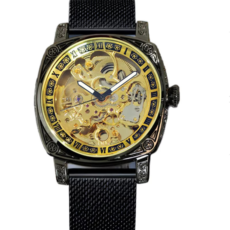 CAROTIF Herren Armbanduhr, mechanisch, gelb, schwarz, Mesh-Armband - Bild 7