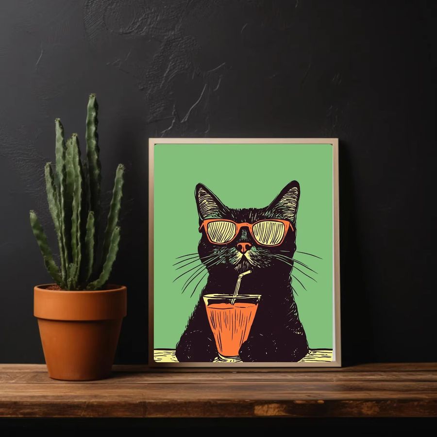 Retro-Poster von SHENCHEN mit schwarzen Katzen und Getränken in Schwarz und Grün - Bild 4