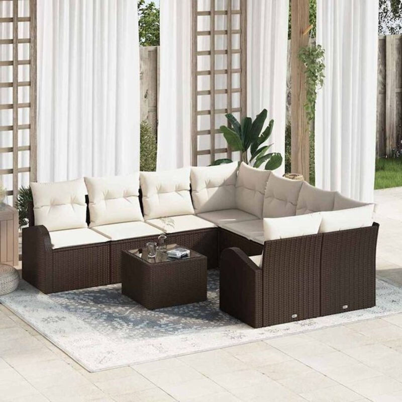 Vidaxl Garten-Sofa-Set aus Polyrattan mit 9-teiligem Kissen-Set in Braun und Beige, Modernes Loungemöbel-Set, B/T/H: 55 x 55 x 37 cm - Bild 1