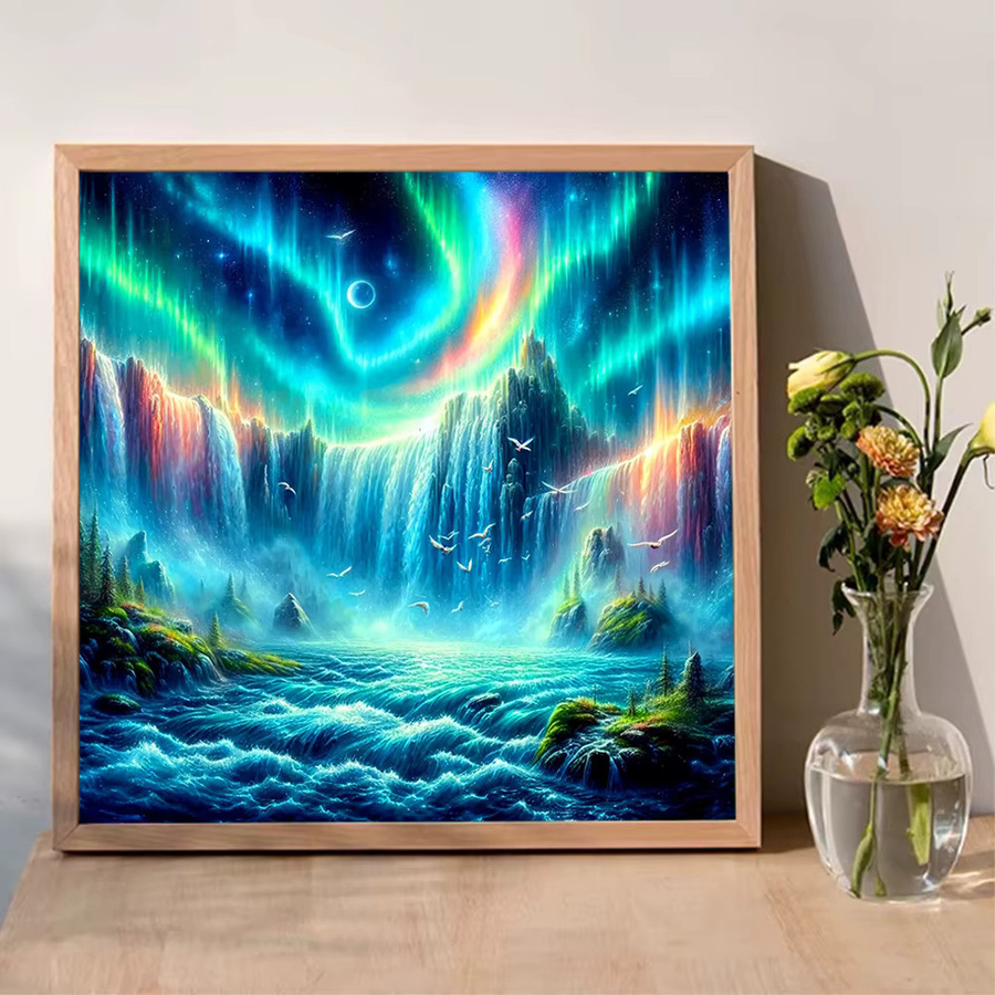 Momoart Regenbogen-Diamant-Stickerei Landschafts-Strass-Gemälde mit Wasserfall und Aurora, Vollquadrat-Mosaik in Multicolour, B/T/H: 20 x 20 x 20 cm - Bild 3