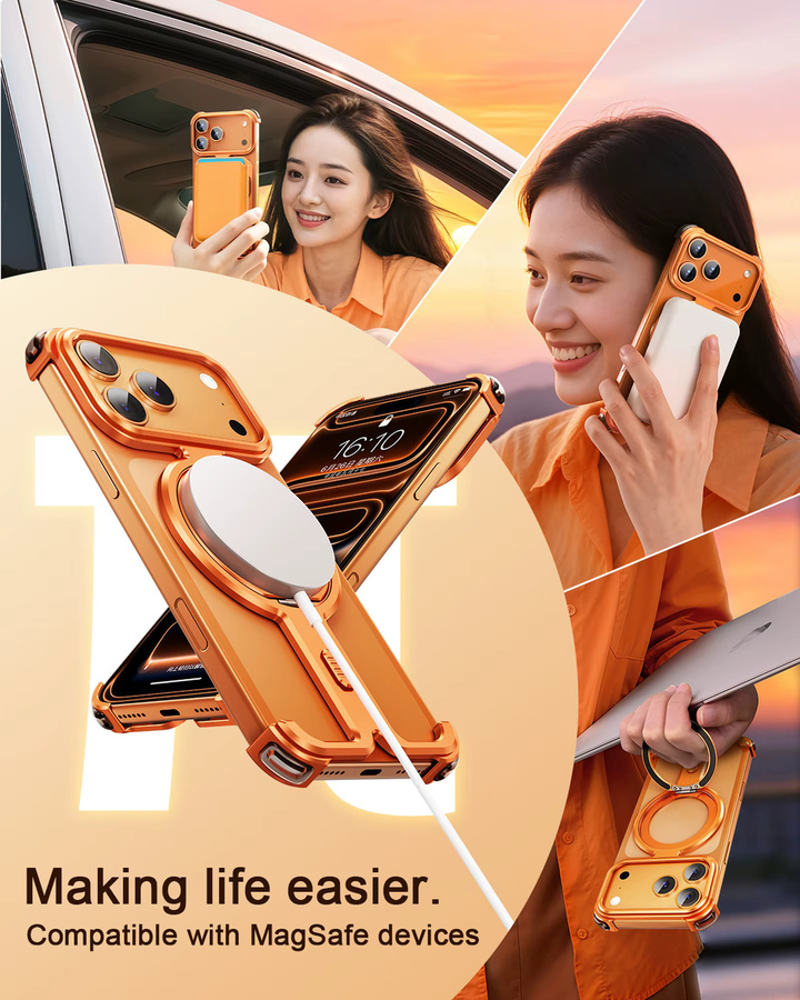 Oatsbasf Rahmenlose Metall-Handyhülle für iPhone 17 Pro Max und iPhone 17 Pro mit 360 Grad Schutz, drehbarem Ständer und magnetischem Design in Orange - Bild 6