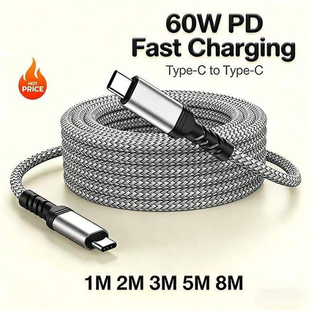 Universelles USB-C auf USB-C Schnellladekabel mit 60W PD-Datenübertragung, grau, nylon-geflochten - Bild 1