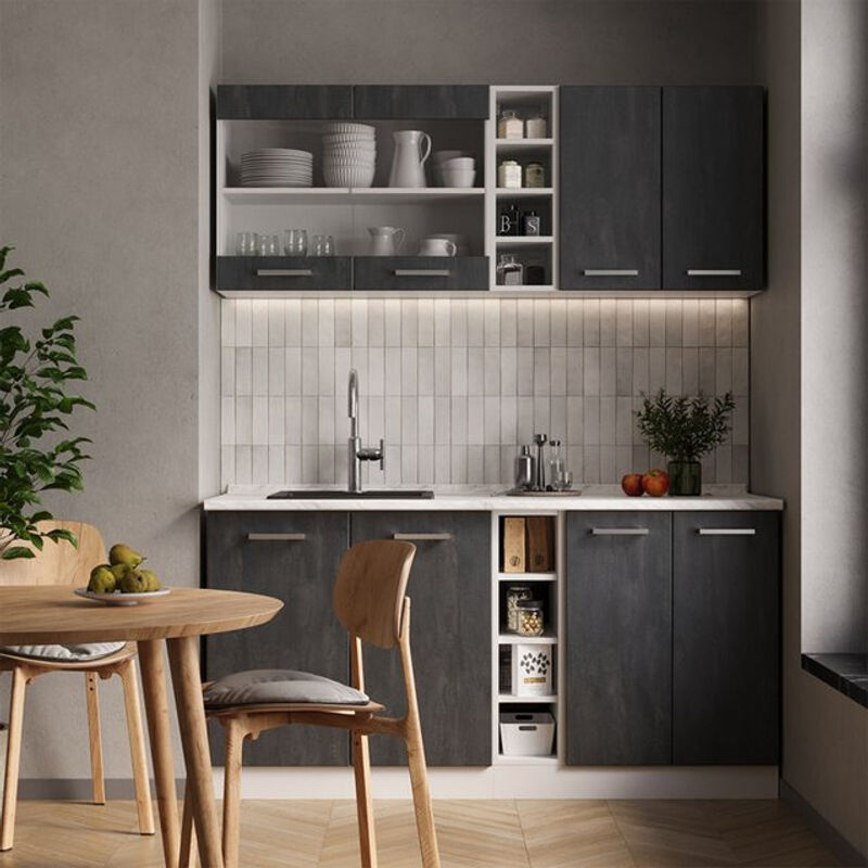 Vicco Singleküche R-Line in Schwarz Beton und Weiß mit Arbeitsplatte in Eiche, Breite: 160 cm - Bild 2