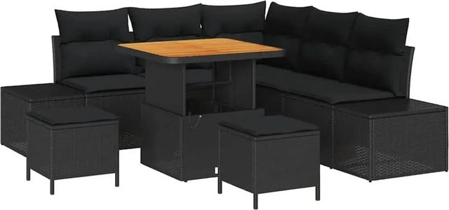 vidaXL Garten-Sofa-Set 8-tlg. aus Poly-Rattan in Schwarz mit Kissen und Tisch im L-Shape Design - Bild 1