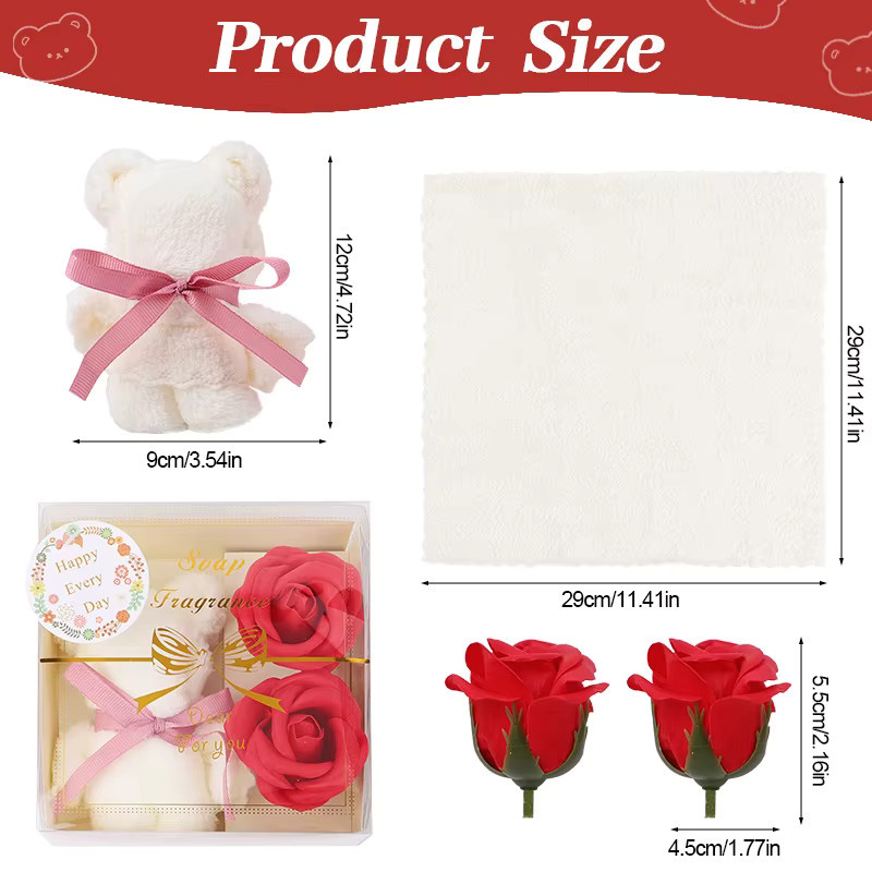 ZQNYCY Geschenkset mit Handtuch Bär, Seife und Blumen in Rot - Bild 3