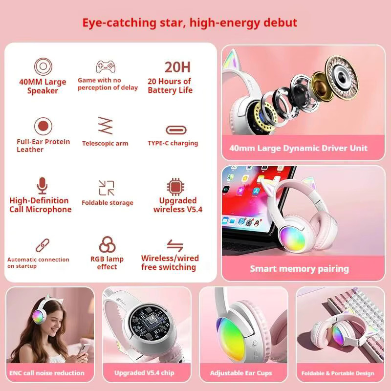 YOCUNKER Kabellose Katzenohren-Gaming-Headset mit RGB-Beleuchtung und Geräuschunterdrückung in Rosa, Bluetooth 5.4 und 20h Akkulaufzeit - Bild 2