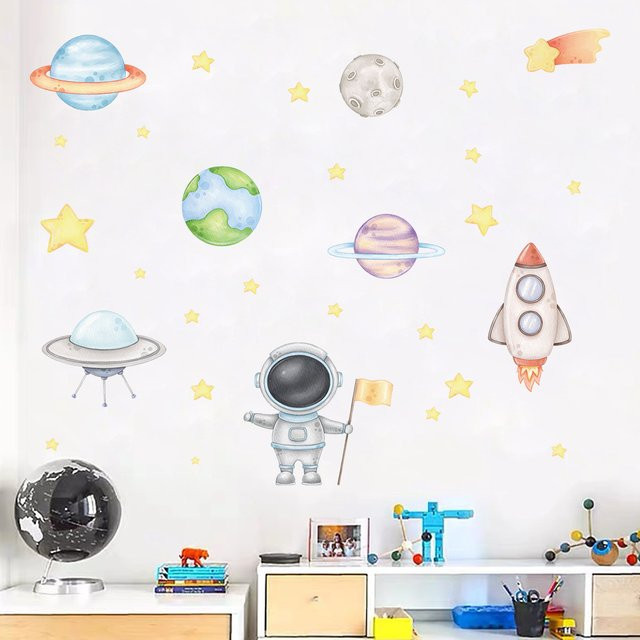 BRUP Wandtattoo Cartoon Planet Rakete und Astronaut für Kinderzimmer in Mehrfarbig - Bild 1