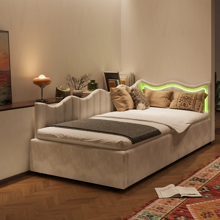 Polstersofa-Bett in Beige mit LED-Unterbettbeleuchtung und Lattenrost, modernes Tagesbett als Doppelbett für Jugendzimmer und Schlafzimmer, B/T/H: 140 x 200 cm - Bild 2