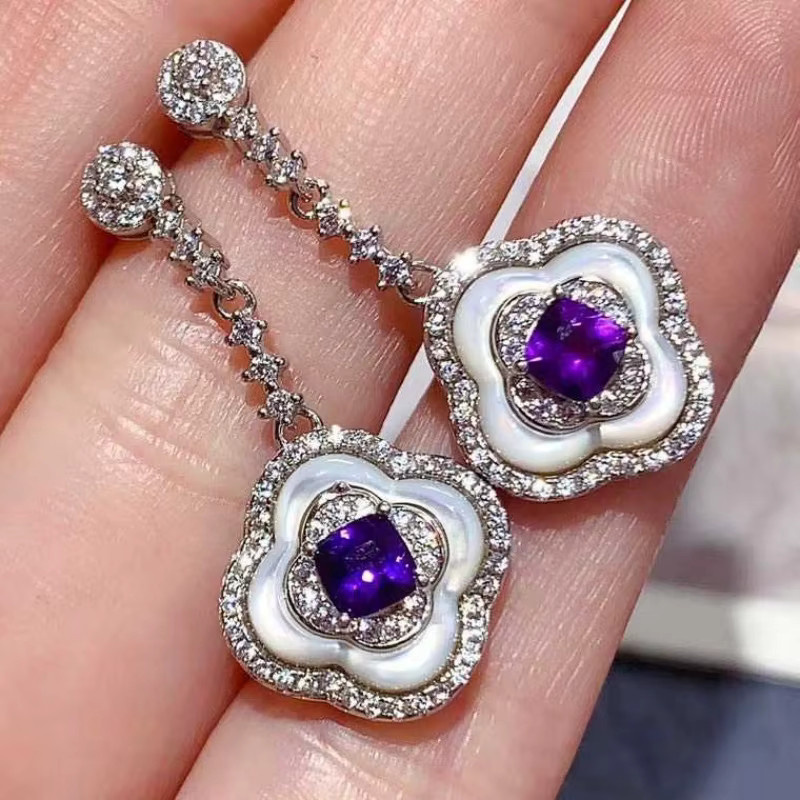 Ohrringe Kleeblatt, 925 Silber, Amethyst, Perlmutt, Zirkonia, Damen - Bild 3