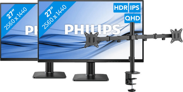 Philips Duo Pack 27E2N1500L/00 Monitore mit BlueBuilt Monitorhalterung für 2 Bildschirme, 27 Zoll, QHD 1440p, IPS, Schwarz - Bild 1