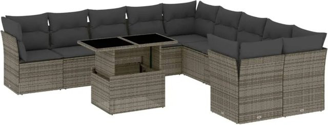 vidaXL 11-tlg. Garten-Sofagarnitur in L-Form aus Polyrattan mit Kissen, Grau - Bild 1