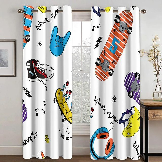 Graffiti Skateboard Vorhänge im modernen Stil, 2er-Set, halbtransparent, Mehrfarbig, Breite: 50 cm, Höhe: 160 cm - Bild 1